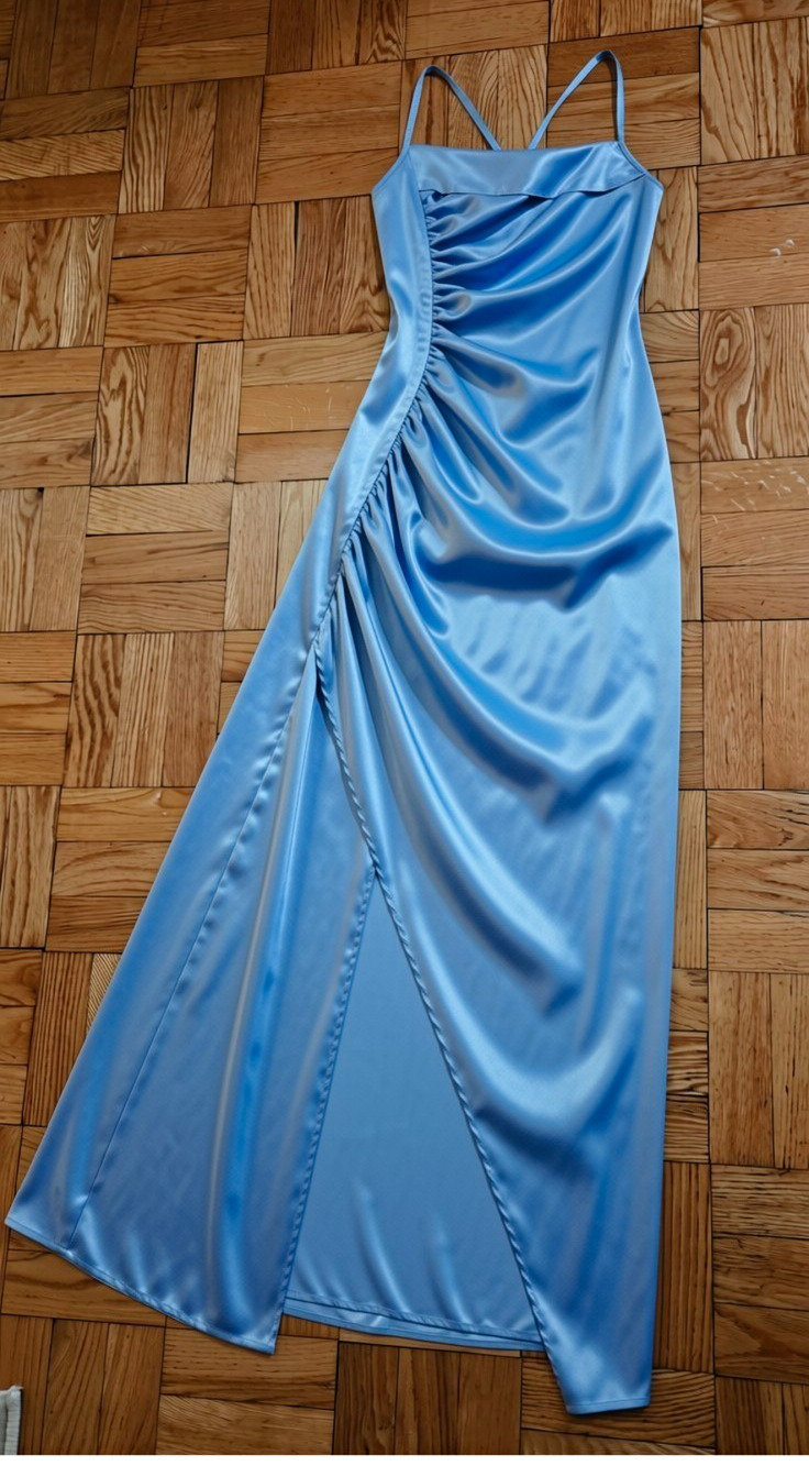 Blue Ruched Strappy Straight Neck Long Gown Dress Zip Formal No Sz Will Fit Smal